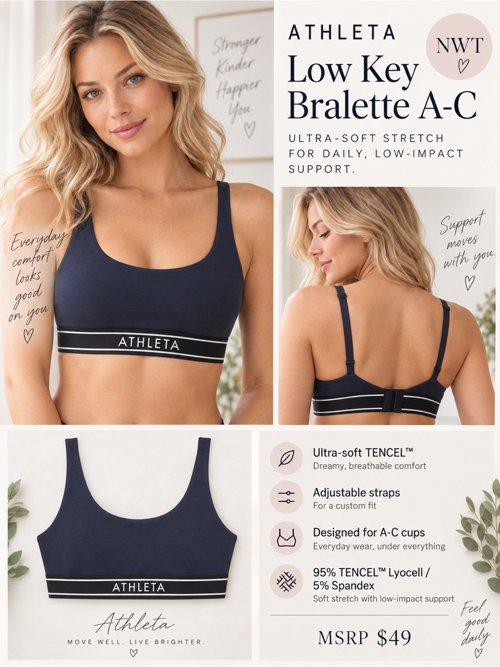 Athleta Navy Low-Key Bralette with Black-Trim Band